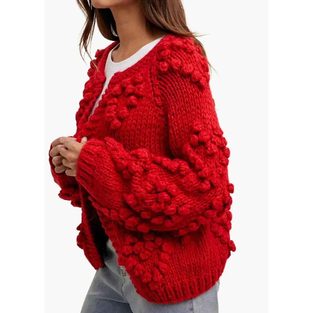 Hand-Knit Cardigan in Red Hearts - Picture 2 of 3